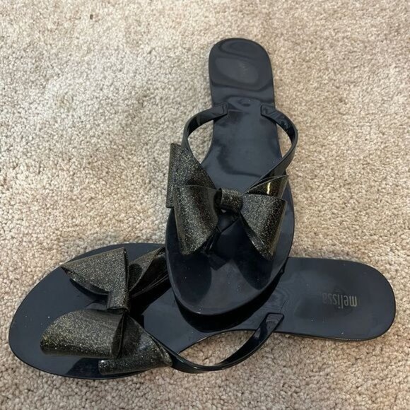 MELISSA Jelly Sandal Black Gold Glitter Bow Size 10 - Picture 4 of 11
